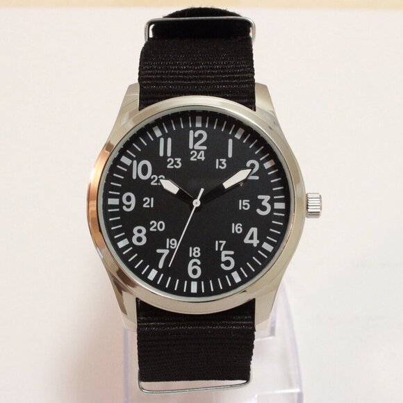 Men's Quartz Field Watch Silver Tone Case Black Military Strap 42mm - Picture 3 of 11